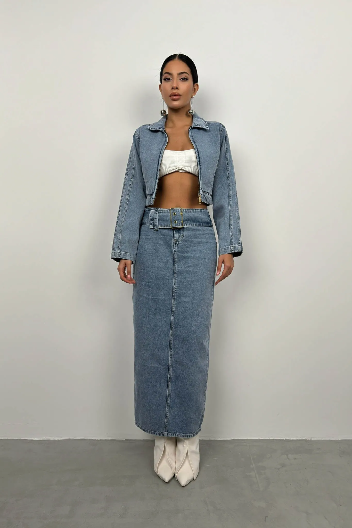 Belt Detail Denim Maxi Skirt