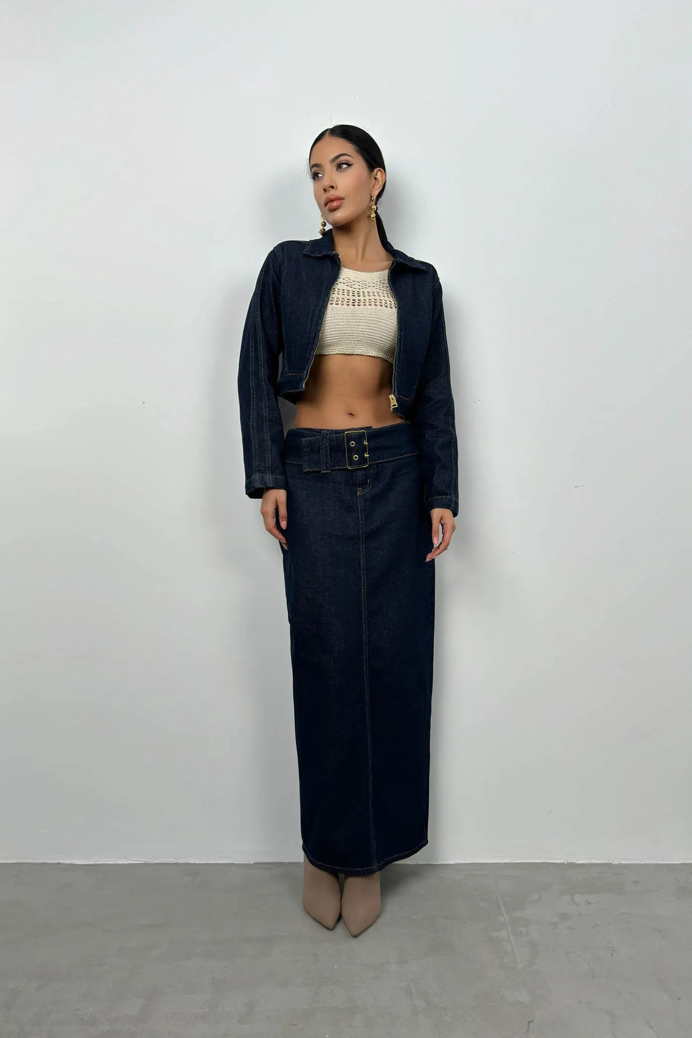 Belt Detail Denim Maxi Skirt