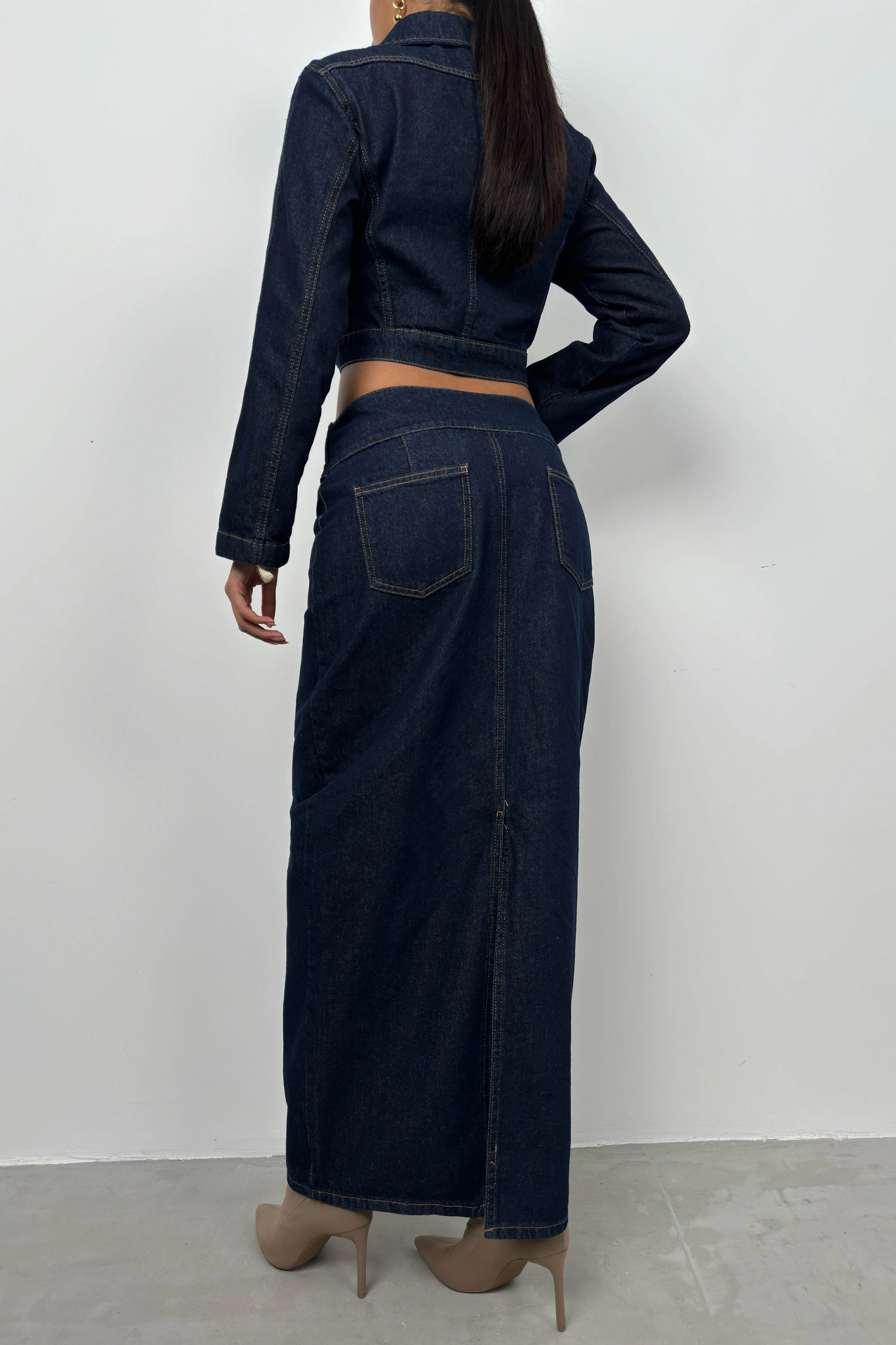 Belt Detail Denim Maxi Skirt