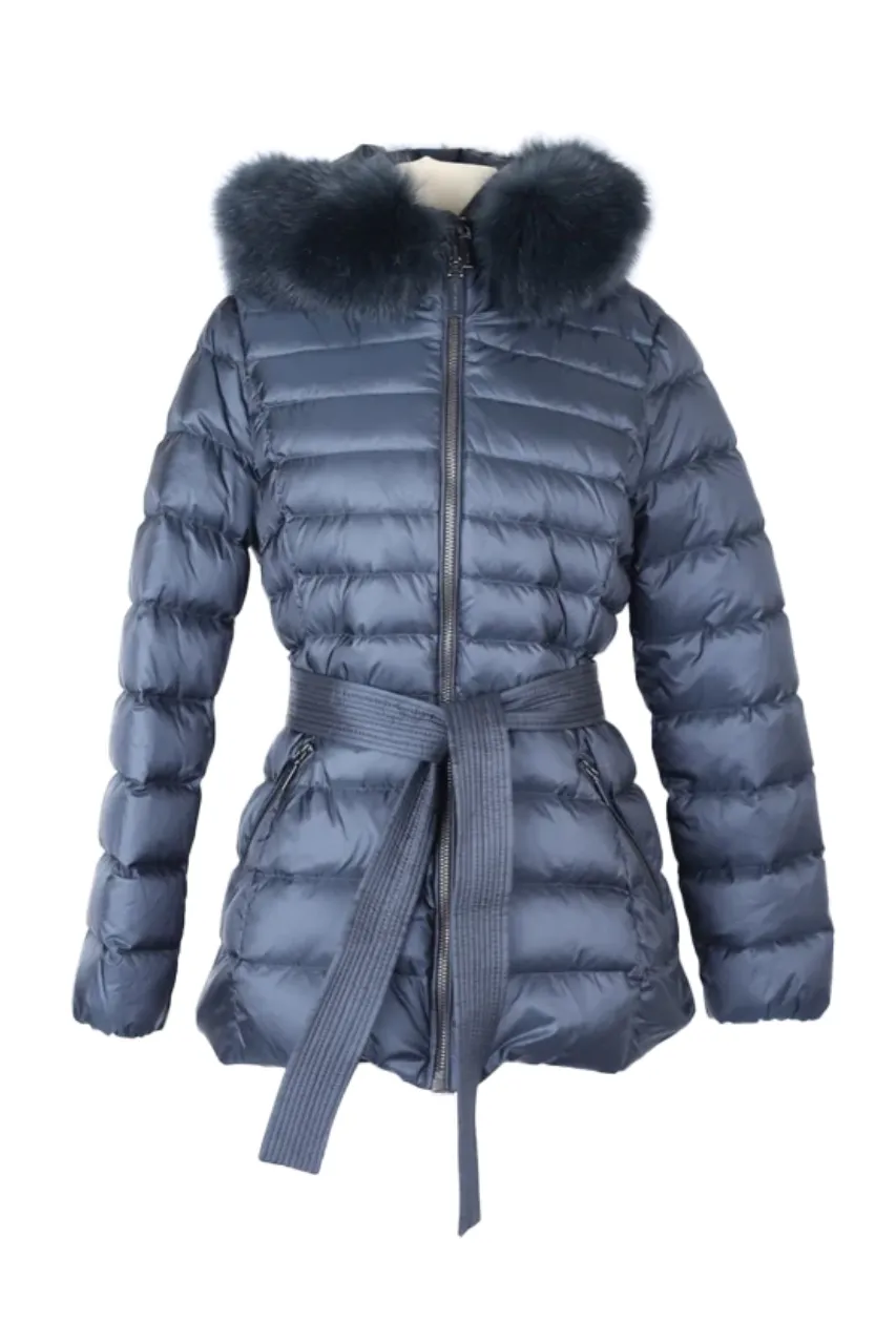 Belted Down Filled Puffer Jacket w/ Fur Hood