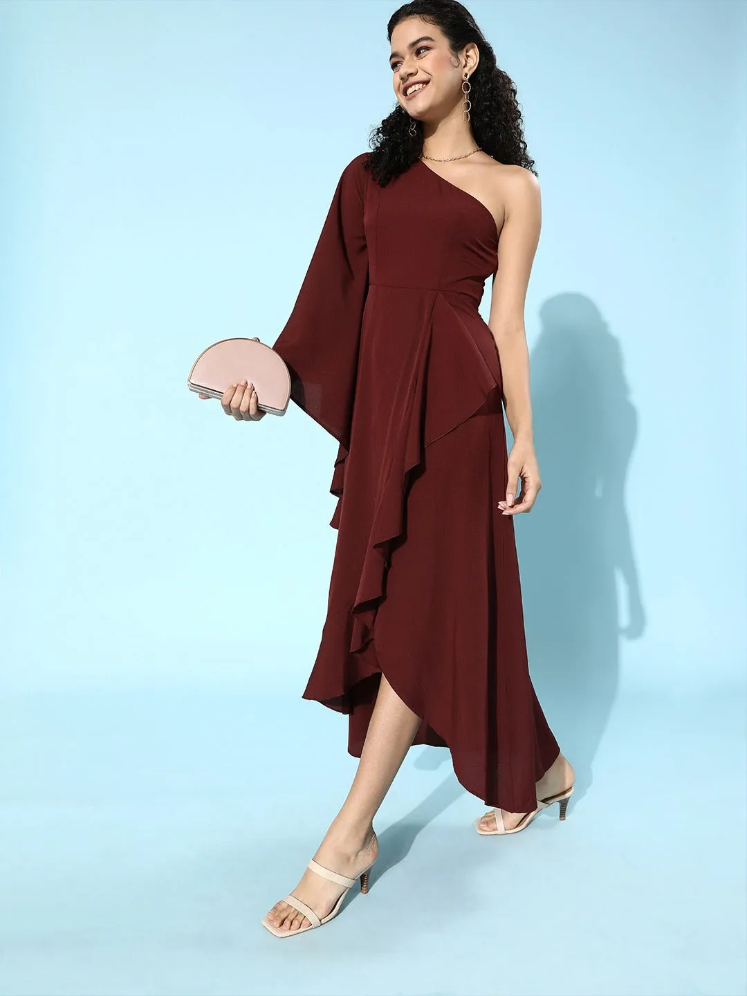 Berrylush Women Solid Maroon One-Shoulder A-Line Asymmetrical Maxi Dress