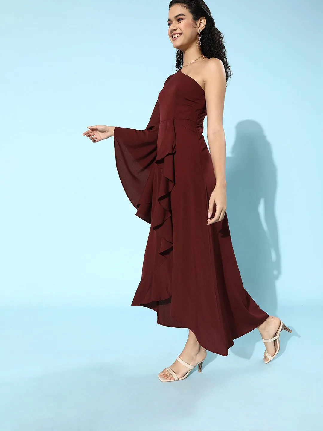 Berrylush Women Solid Maroon One-Shoulder A-Line Asymmetrical Maxi Dress