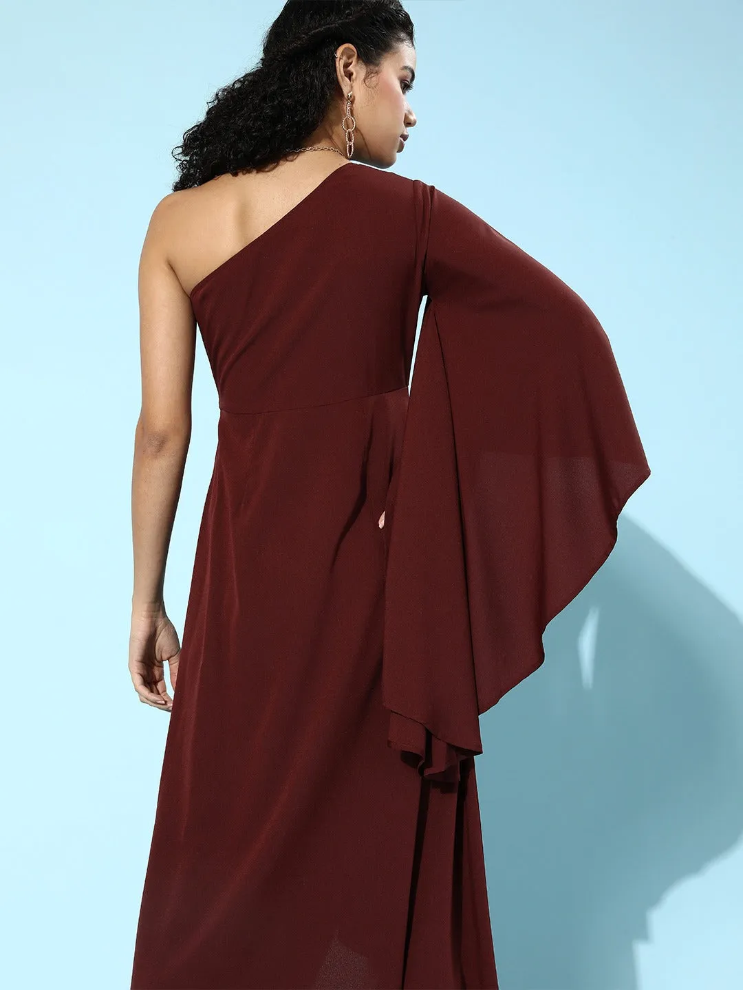 Berrylush Women Solid Maroon One-Shoulder A-Line Asymmetrical Maxi Dress