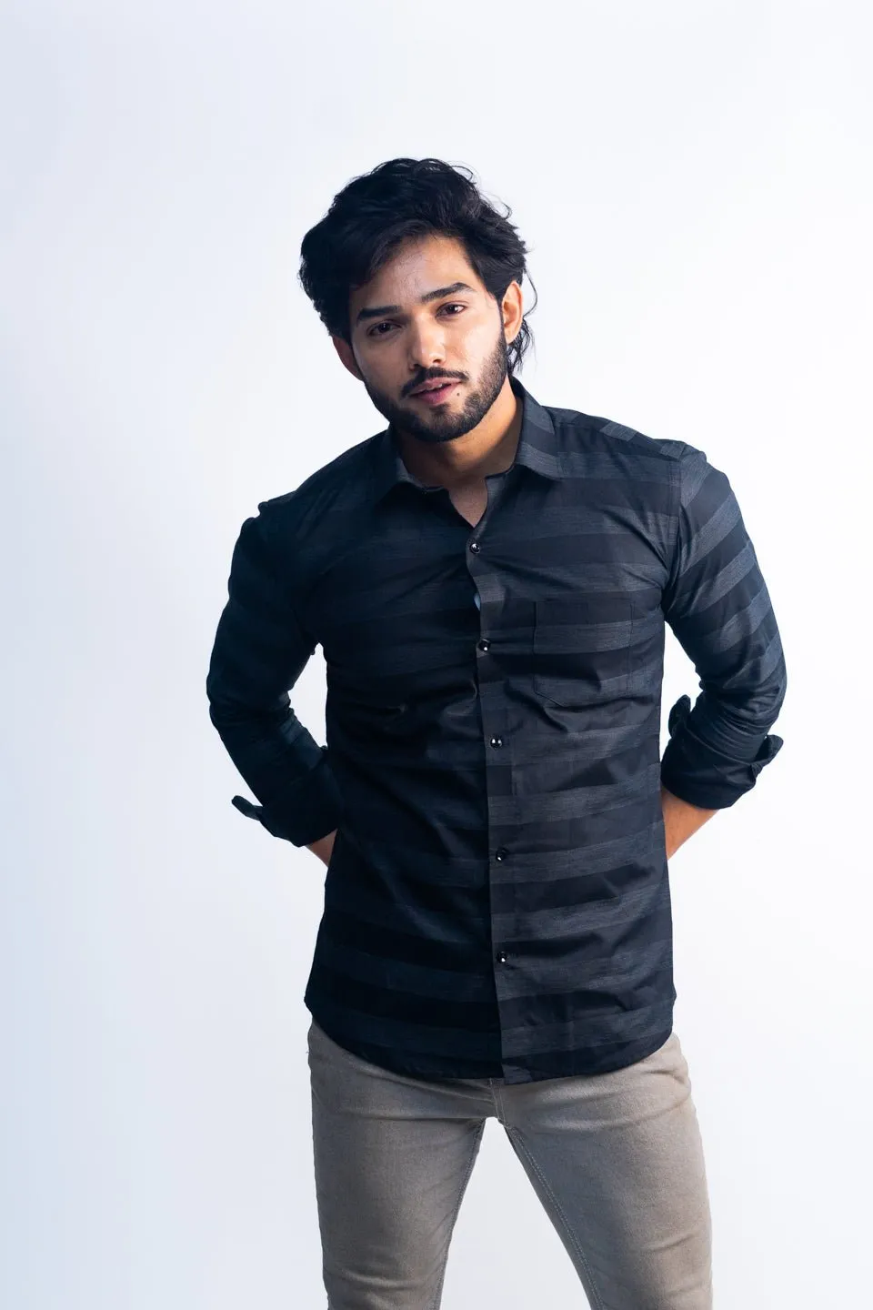 Black Color Cotton Stripe Shirt For Men