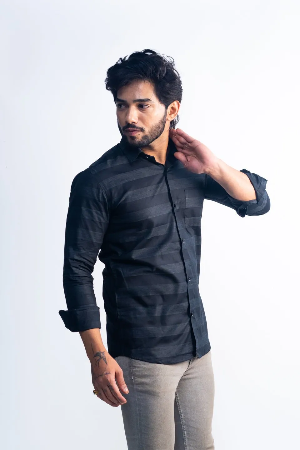 Black Color Cotton Stripe Shirt For Men