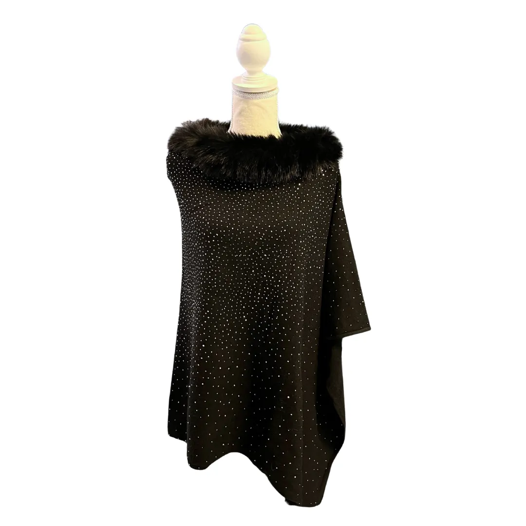 Black Crystal Poncho with Fur Collar