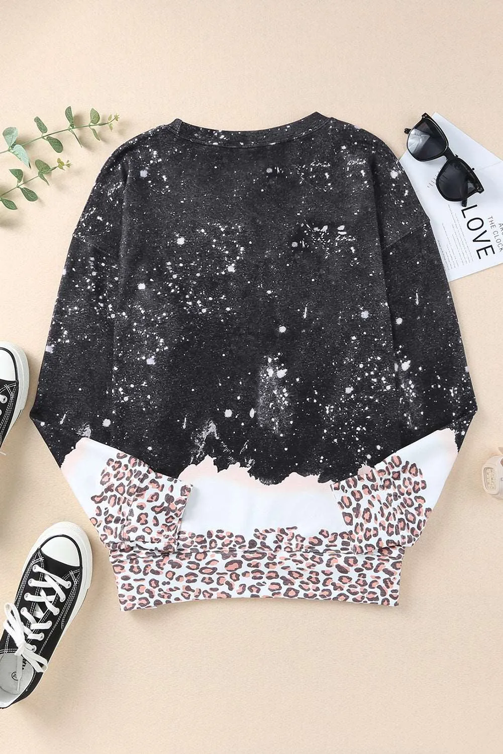 Black Leopard Print Tie Dye Crewneck Oversized Sweatshirt