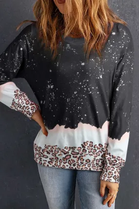 Black Leopard Print Tie Dye Crewneck Oversized Sweatshirt