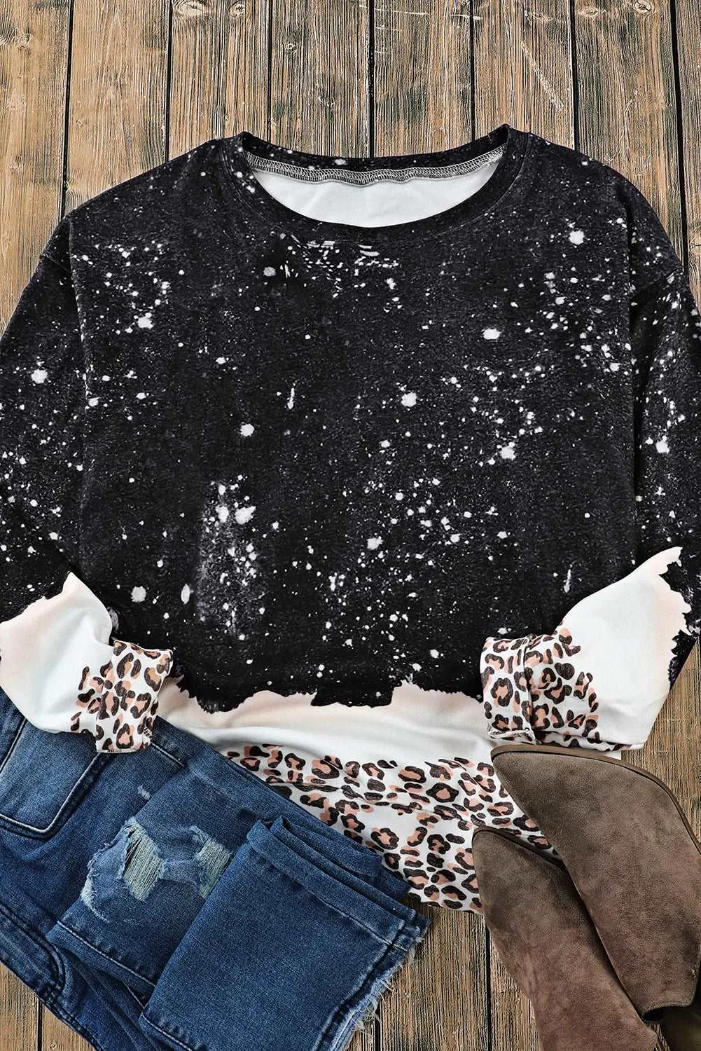 Black Leopard Print Tie Dye Crewneck Oversized Sweatshirt