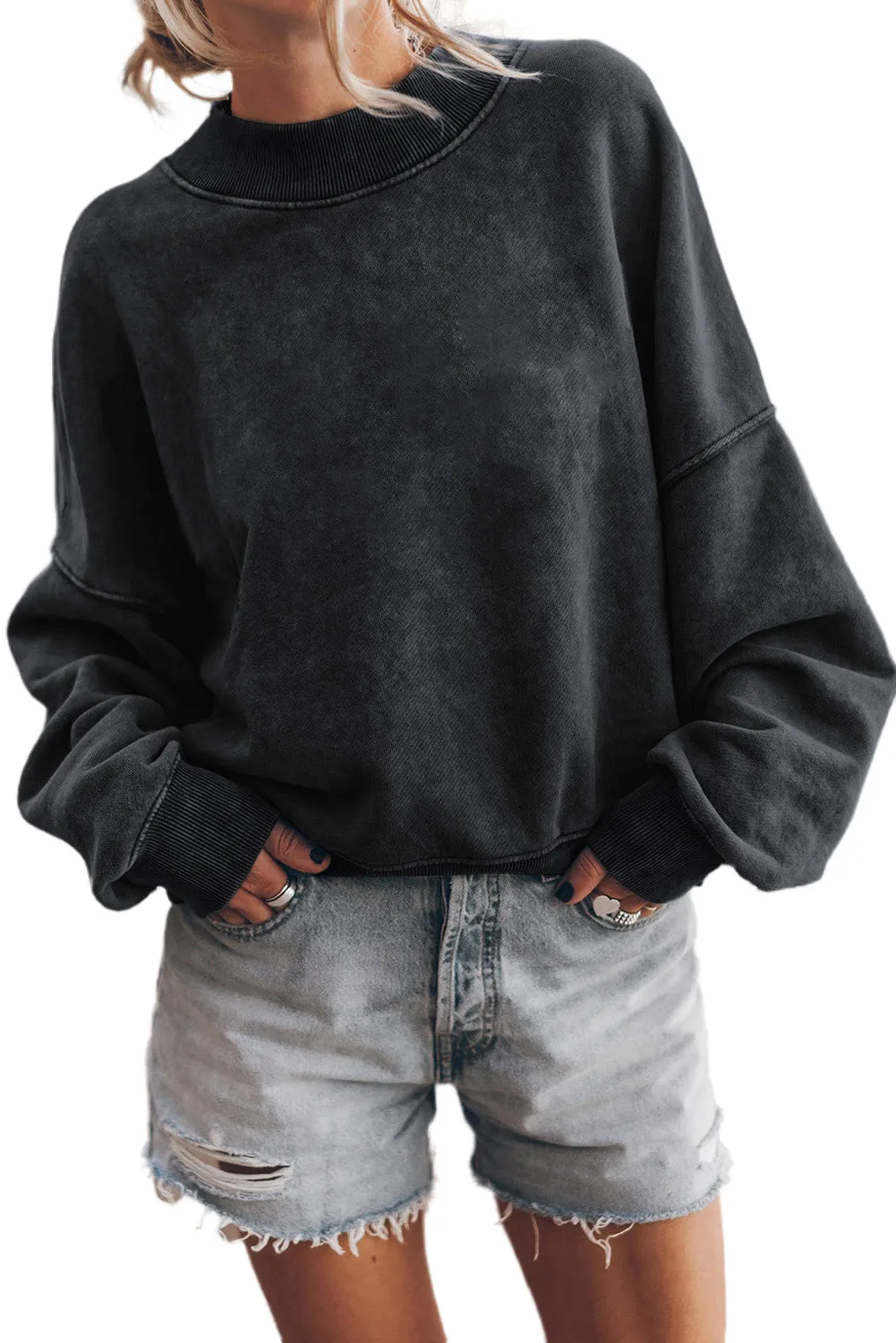 Black Plain Drop Shoulder Crew Neck Pullover Sweatshirt