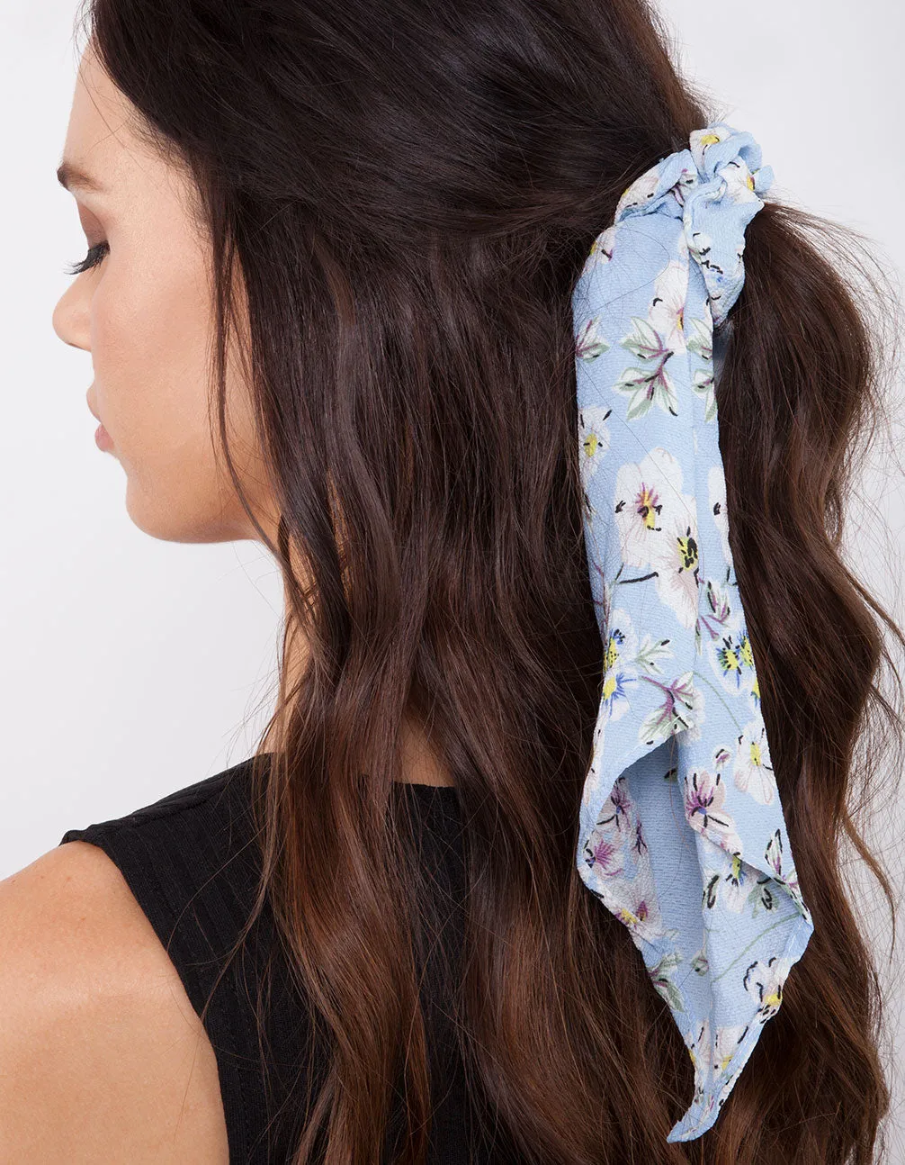 Blue Floral Long Scarf Scrunchie