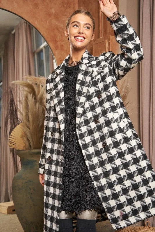 Bohemian Textured Knit Tweed Plaid Double Button Coat Jacket