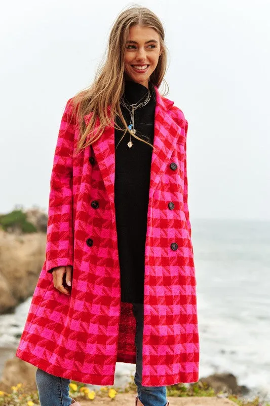 Bohemian Textured Knit Tweed Plaid Double Button Coat Jacket