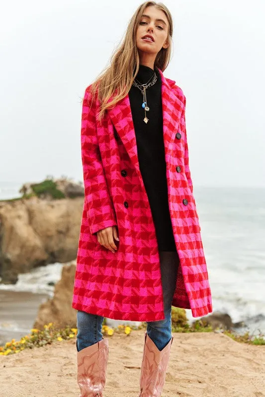 Bohemian Textured Knit Tweed Plaid Double Button Coat Jacket