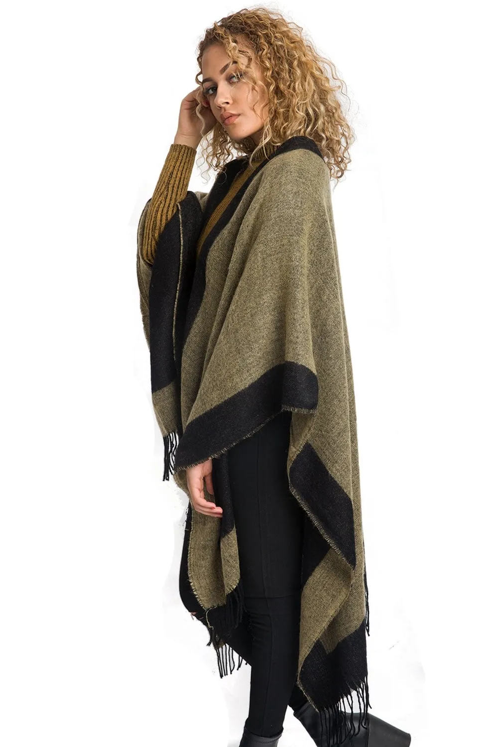 Border Block Blanket Cape with Fringe