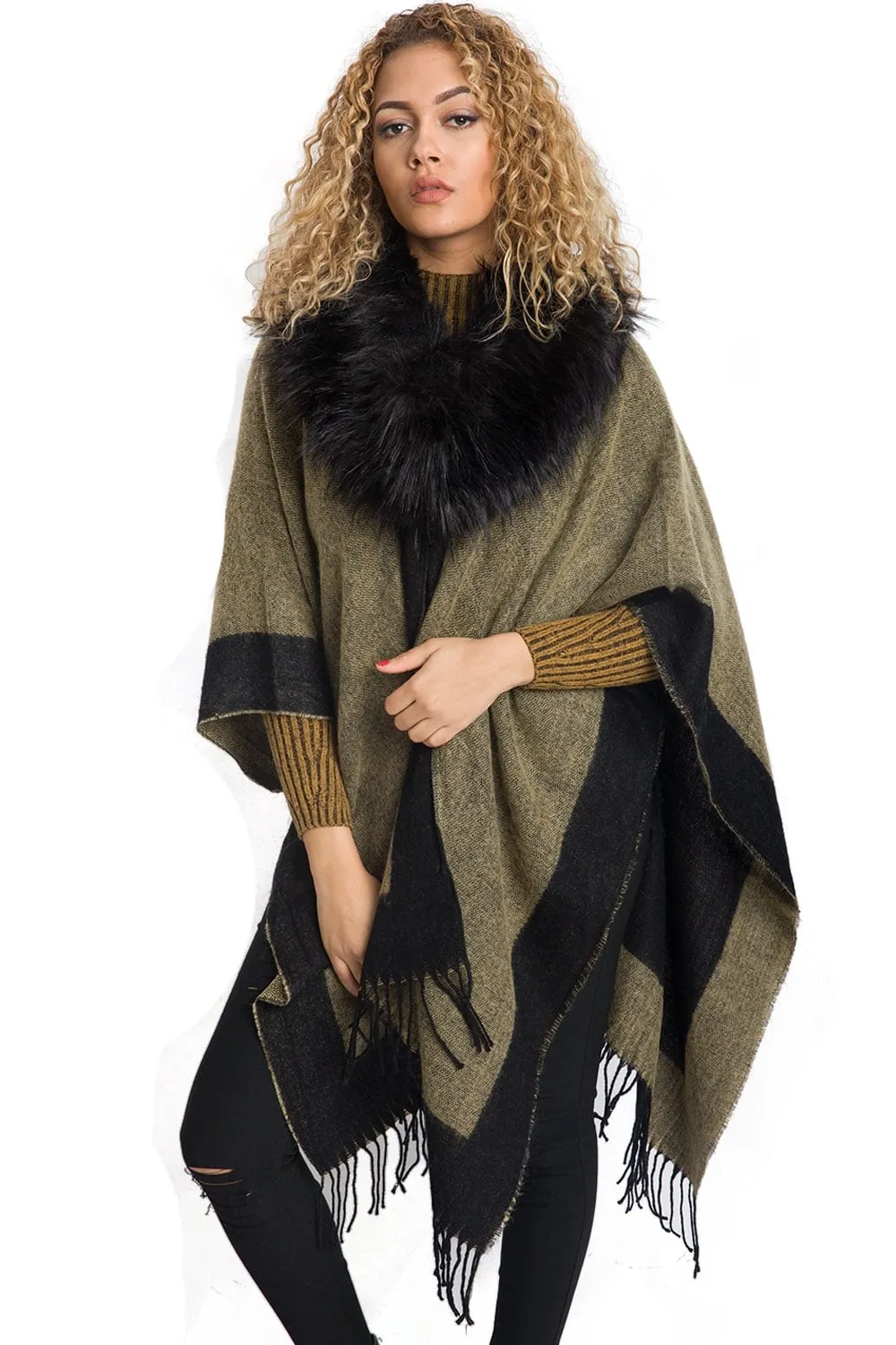 Border Block Blanket Cape with Fringe