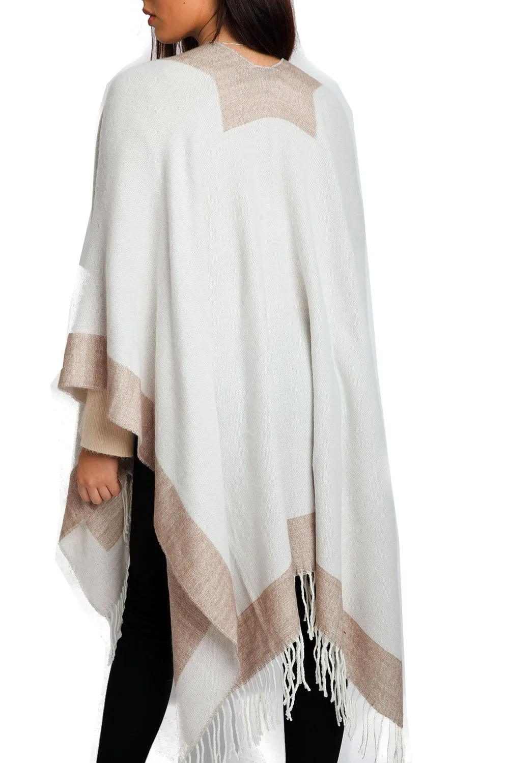 Border Block Blanket Cape with Fringe