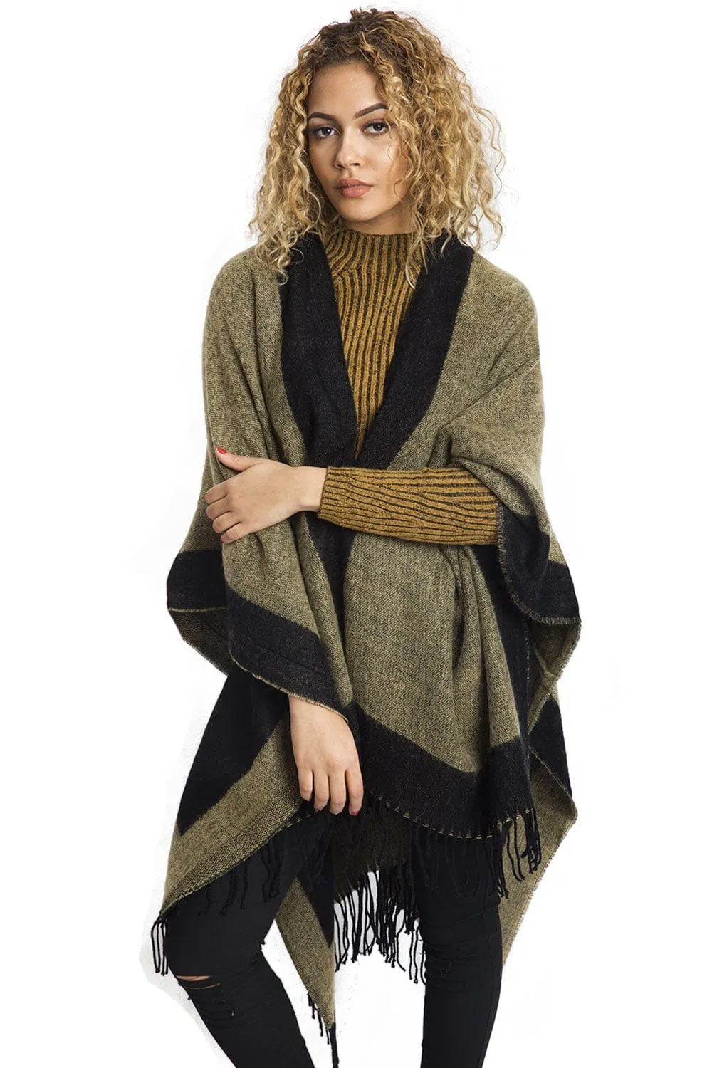 Border Block Blanket Cape with Fringe