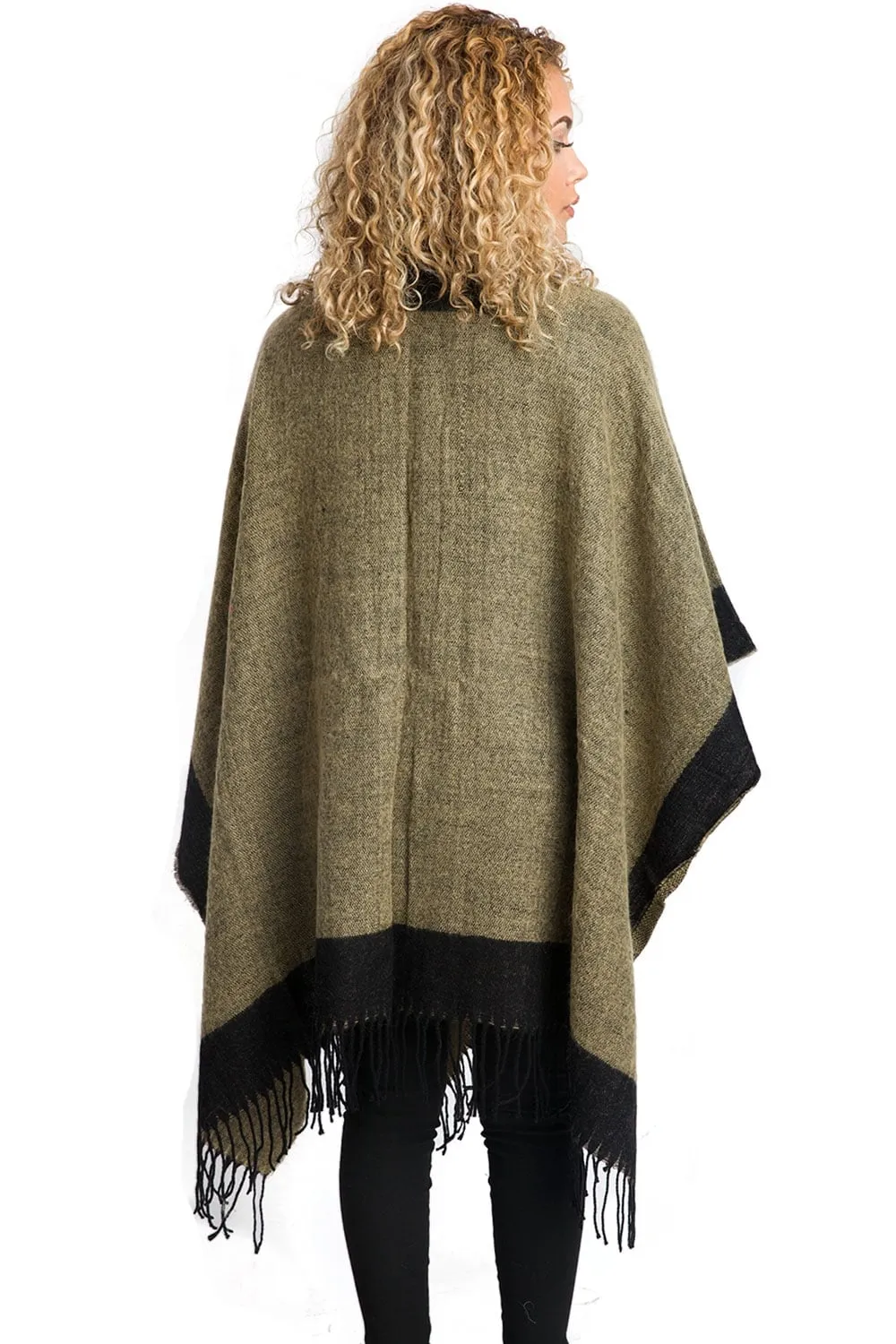 Border Block Blanket Cape with Fringe