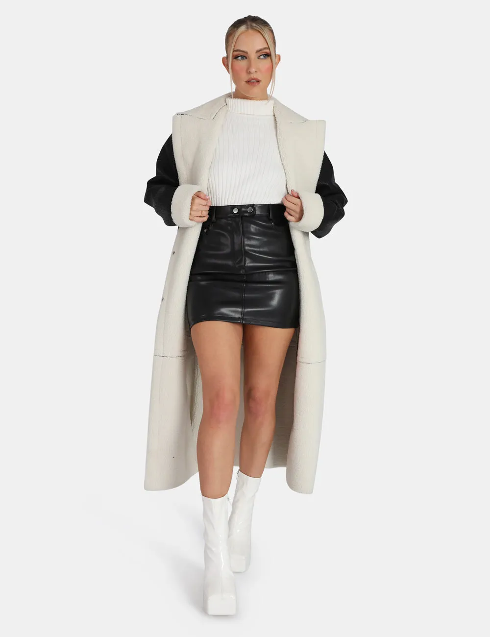 Borg Trimmed Longline Aviator Coat Black and White