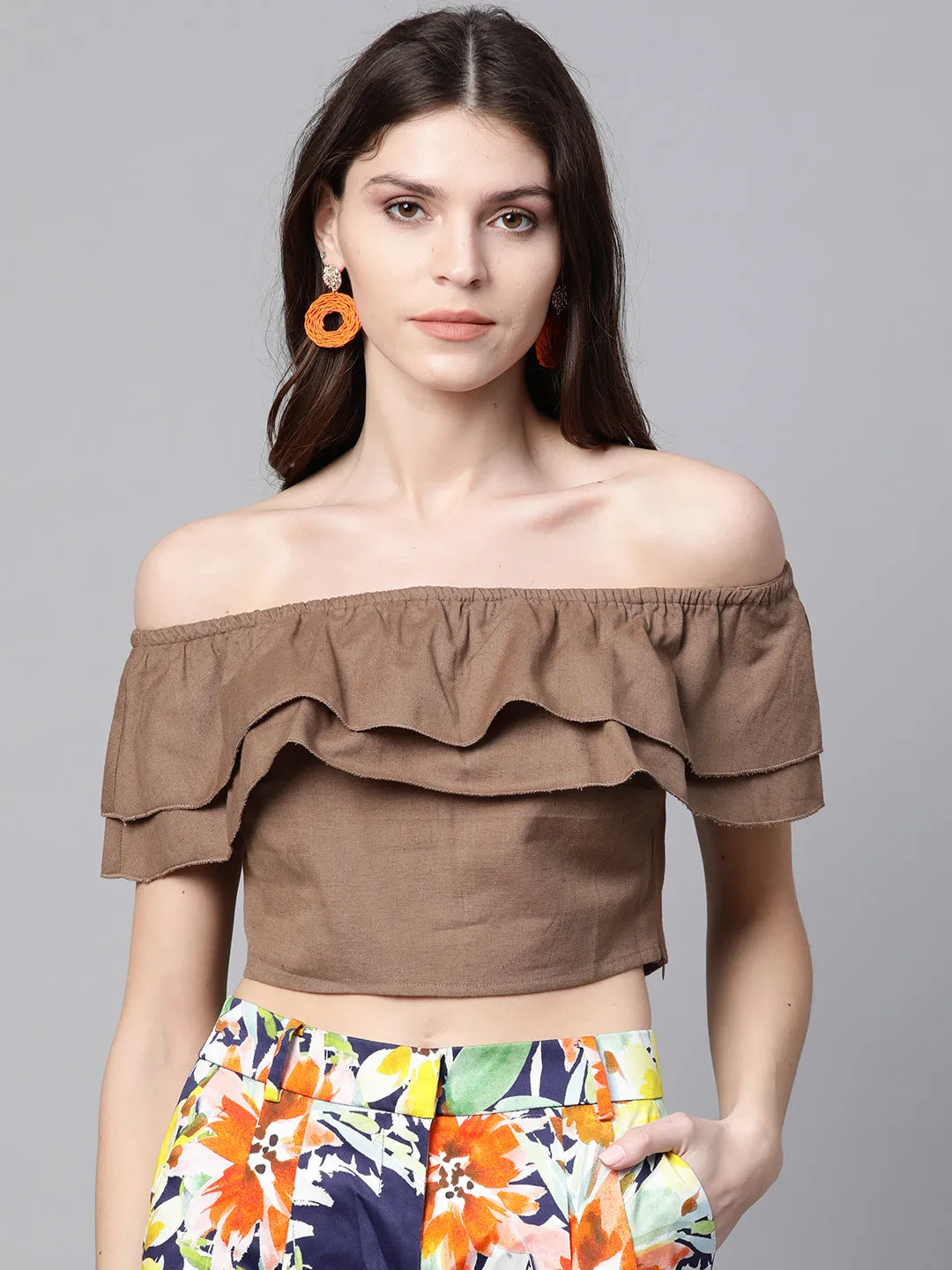 Brown Off Shoulder Layer Crop Top