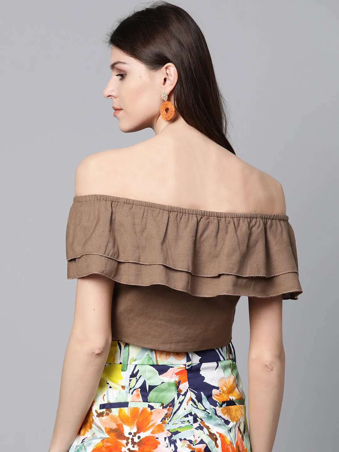 Brown Off Shoulder Layer Crop Top