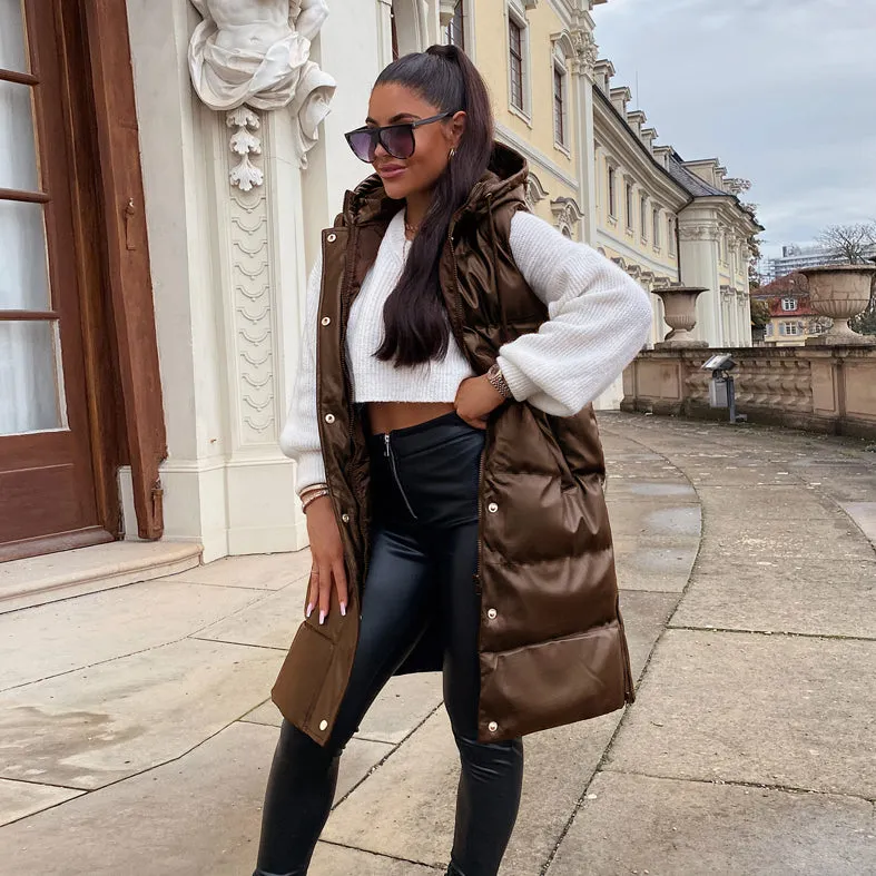Brown Sleeveless long Leather Jacket For Women-2021