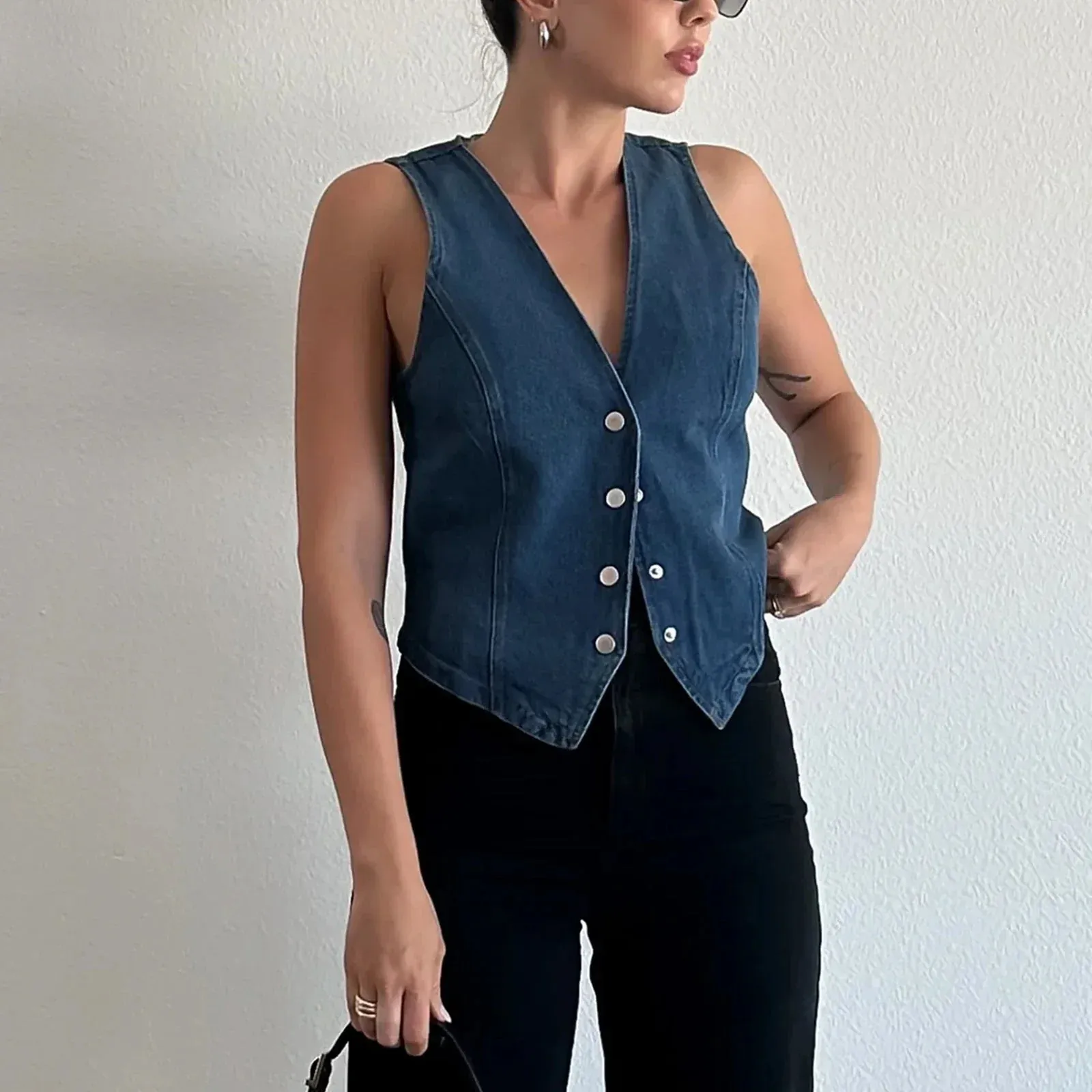 Button Down Jean Waistcoat Pockets Casual Vintage Crop Streetwear Tank Sleeveless Top