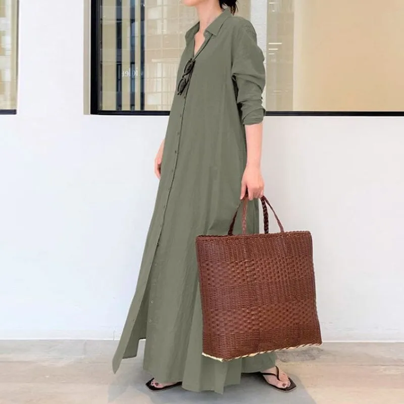 Button Down Solid Long Shirt Dress