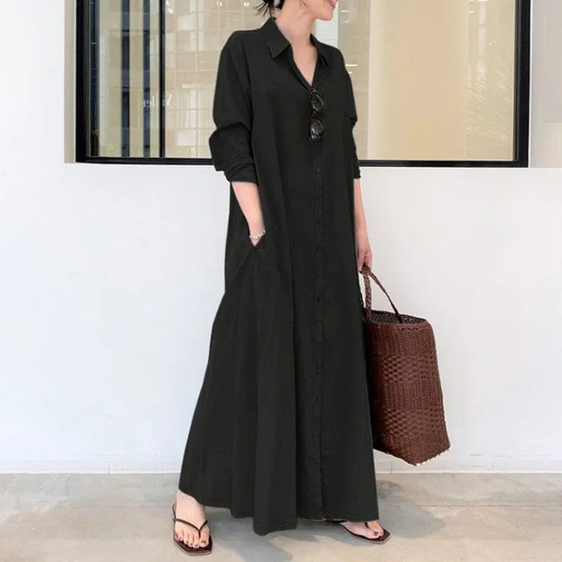 Button Down Solid Long Shirt Dress