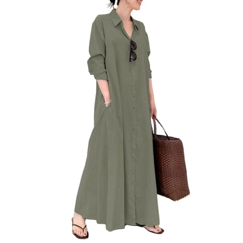 Button Down Solid Long Shirt Dress