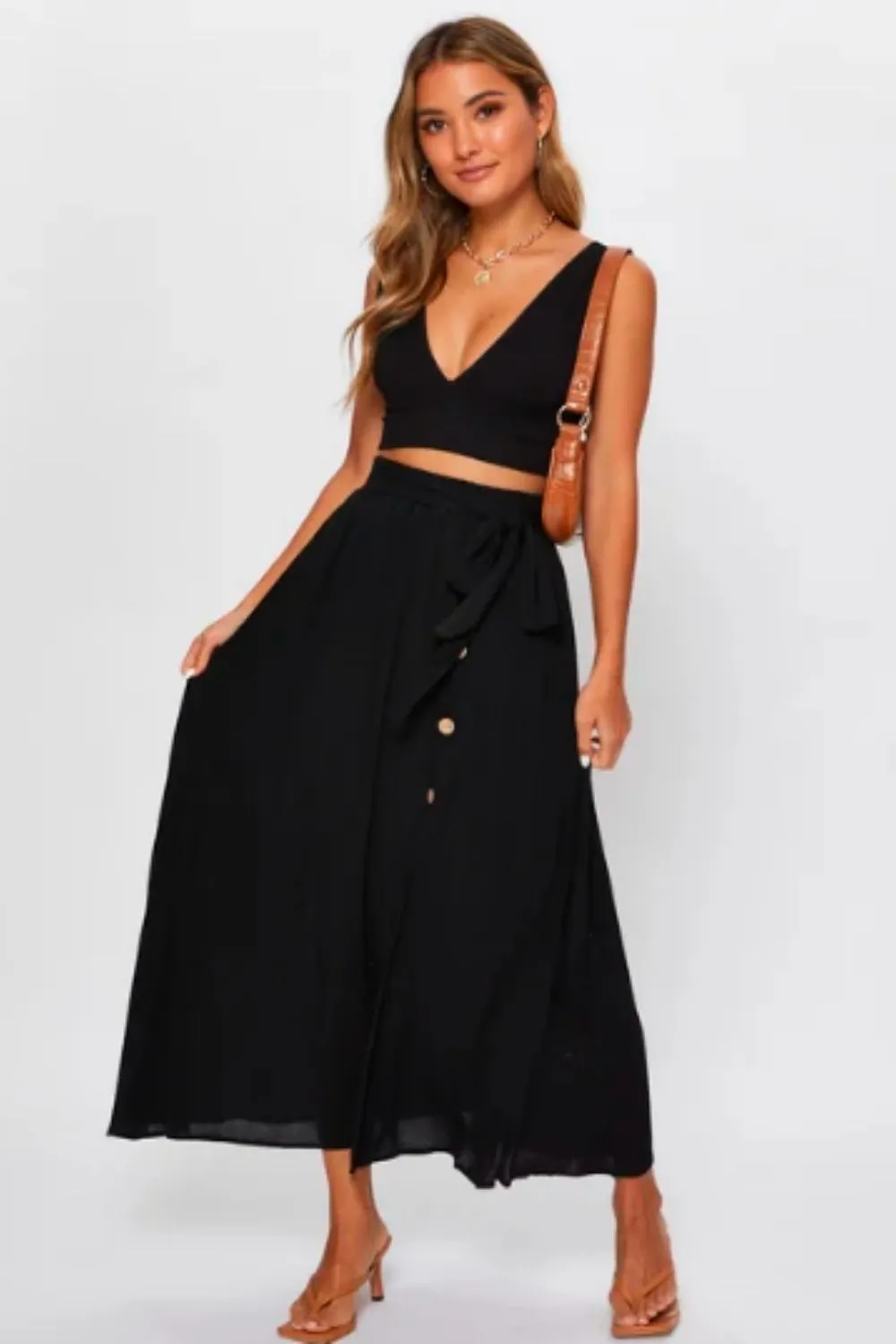 Button Down Tie Up Slit Skirt