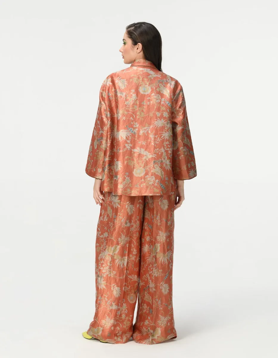 Cape Coat Silk Brocade Coral