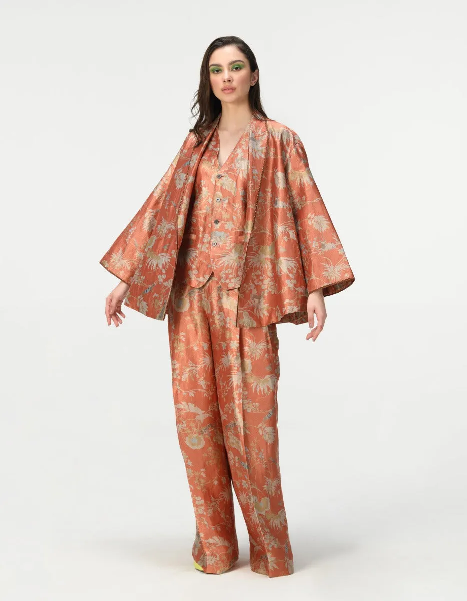 Cape Coat Silk Brocade Coral