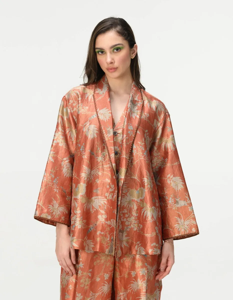 Cape Coat Silk Brocade Coral