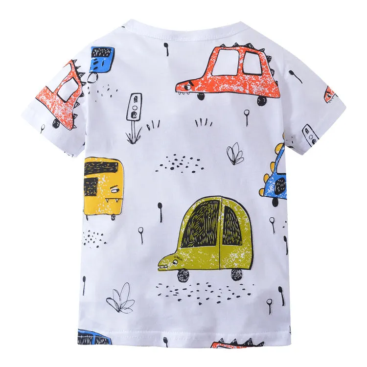 Car Print Short-Sleeved Cotton T-Shirt