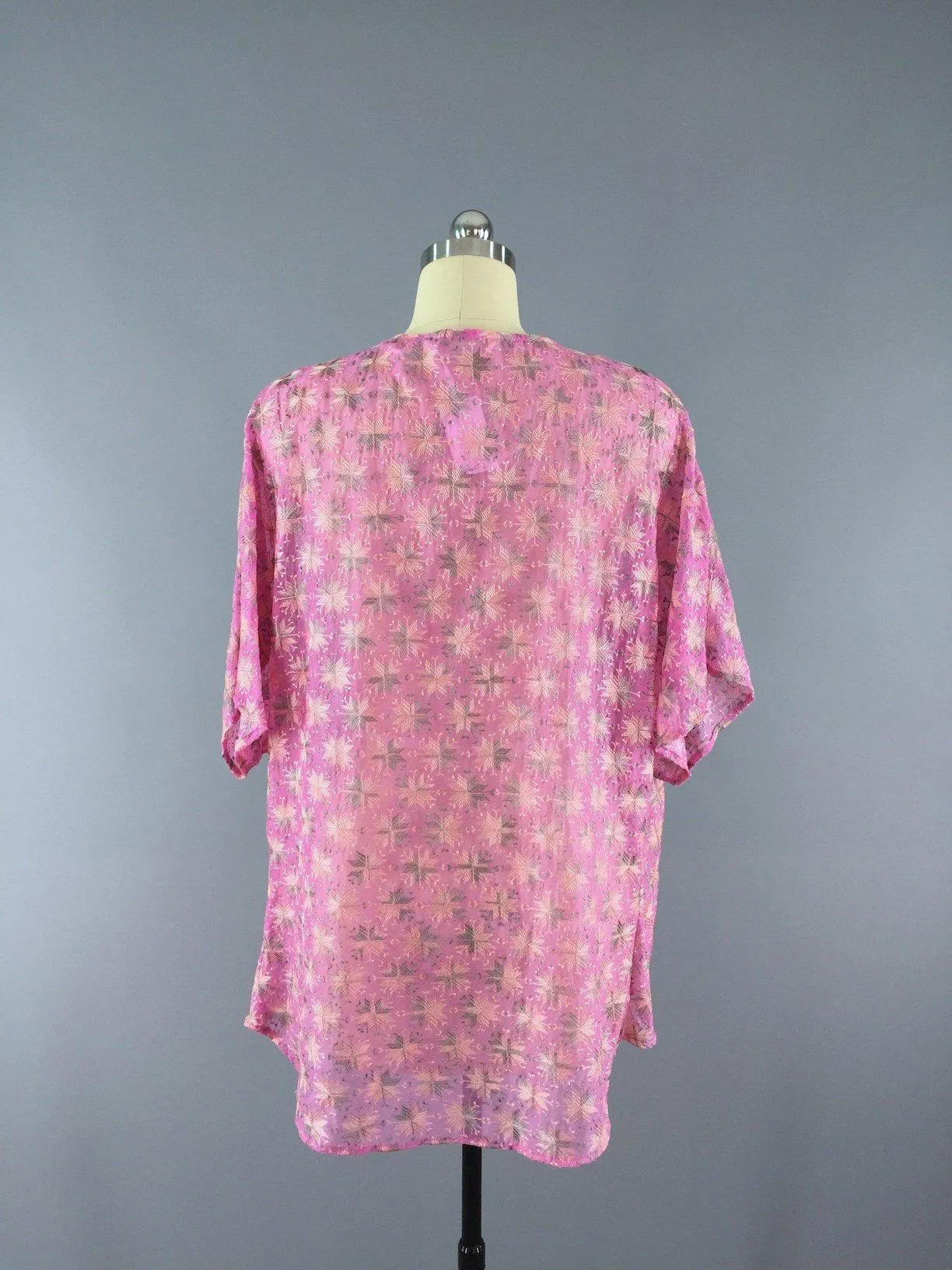 Chiffon Kimono Cardigan / Vintage Indian Silk Sari / Pink Embroidered Stars