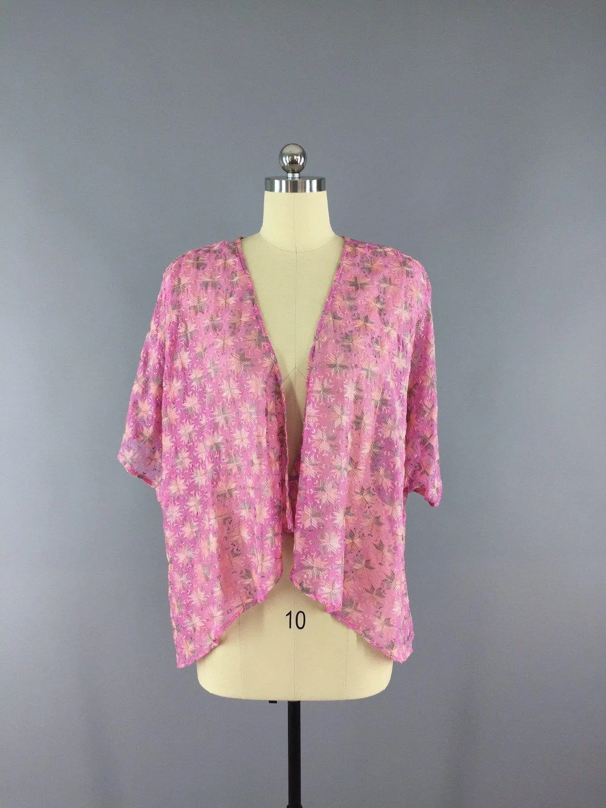 Chiffon Kimono Cardigan / Vintage Indian Silk Sari / Pink Embroidered Stars