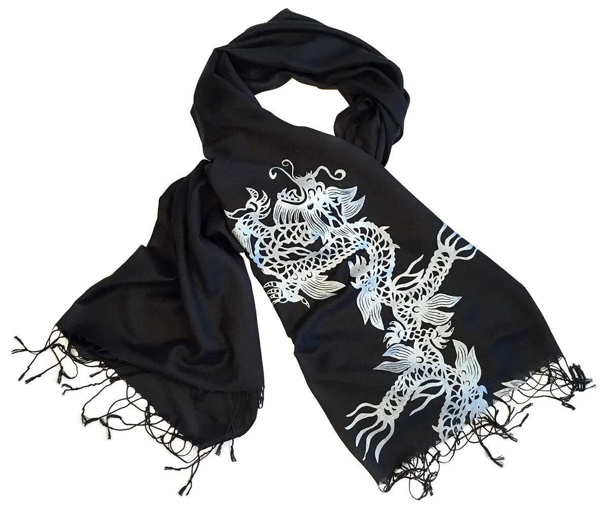 Chinese Dragon Scarf, Linen Weave Pashmina