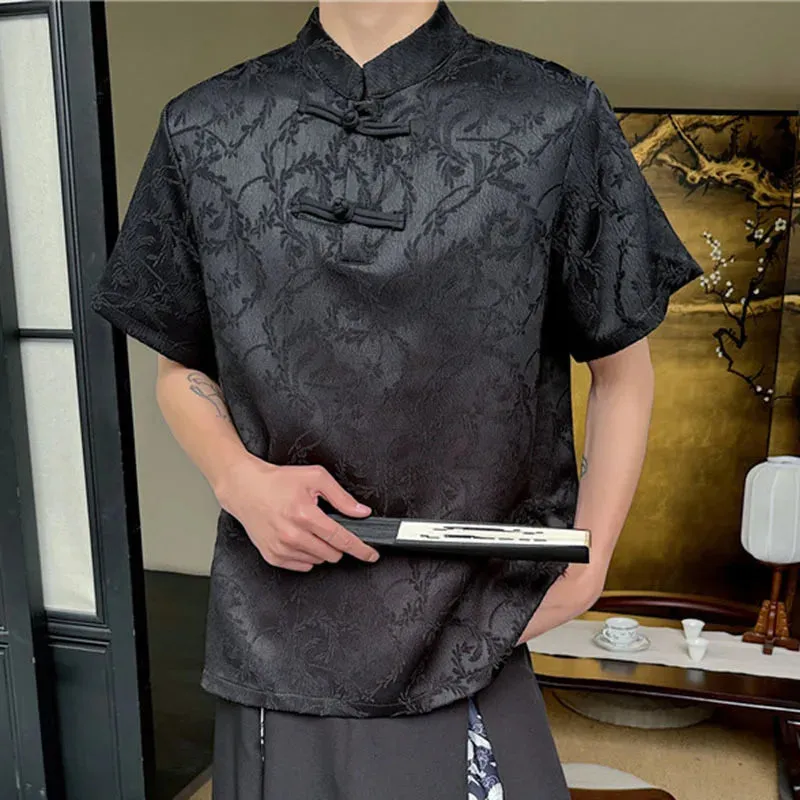 Chinese Style Men's Short Sleeve T-shirt Buckle Decoration Jacquard Fashion Loose Casual Male Top Stand Collar 9C5594