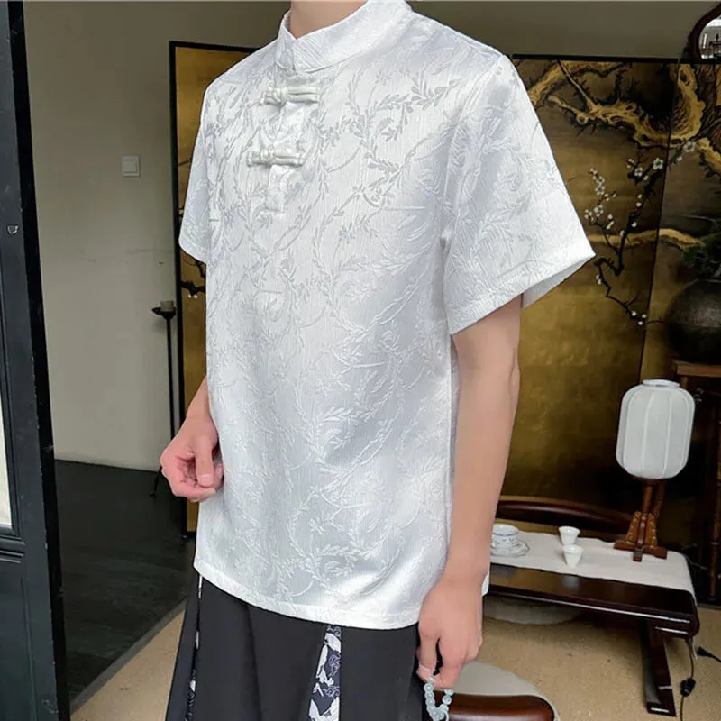 Chinese Style Men's Short Sleeve T-shirt Buckle Decoration Jacquard Fashion Loose Casual Male Top Stand Collar 9C5594