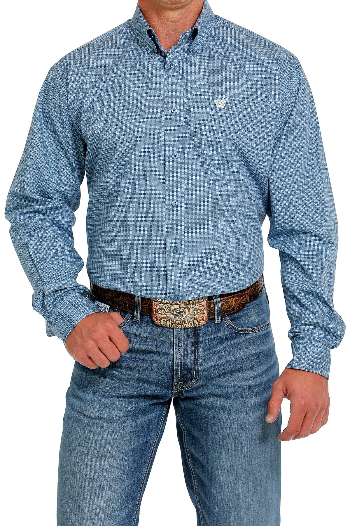 Cinch Men's Long Sleeve Button Down - Blue Geo Print