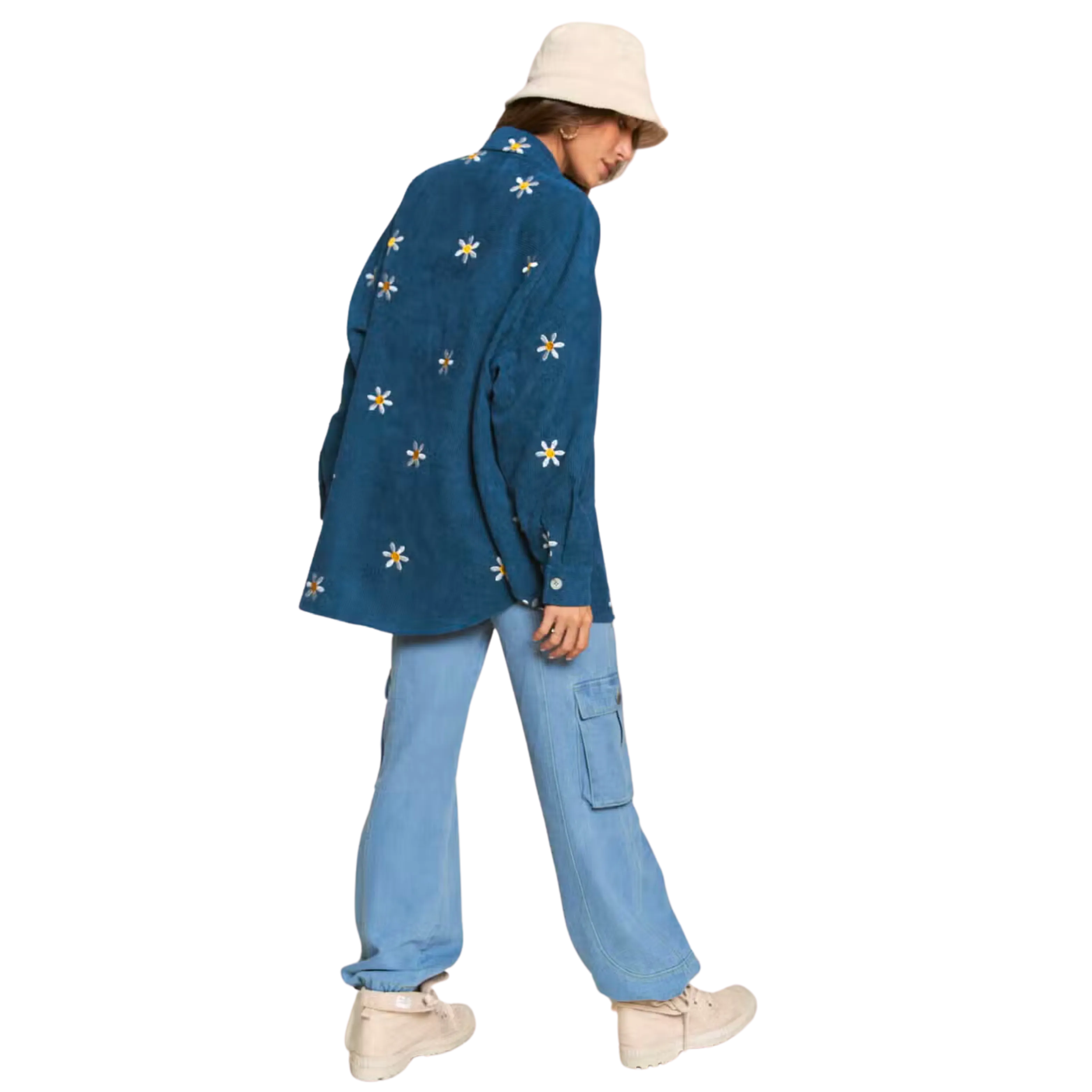 Corduroy Floral Embroidered Shacket - Spanish Blue