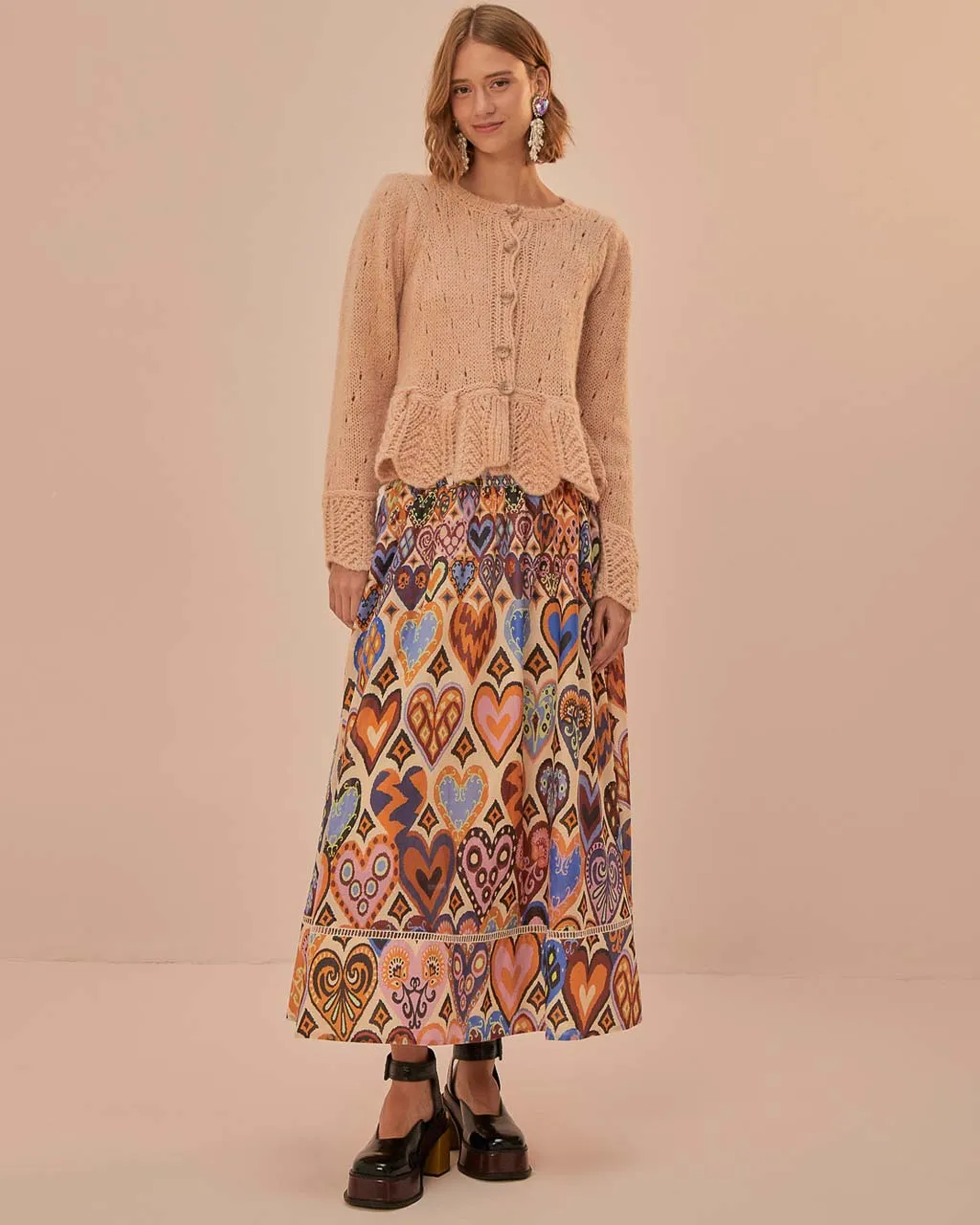 Cream Hearts Ikat Midi Skirt