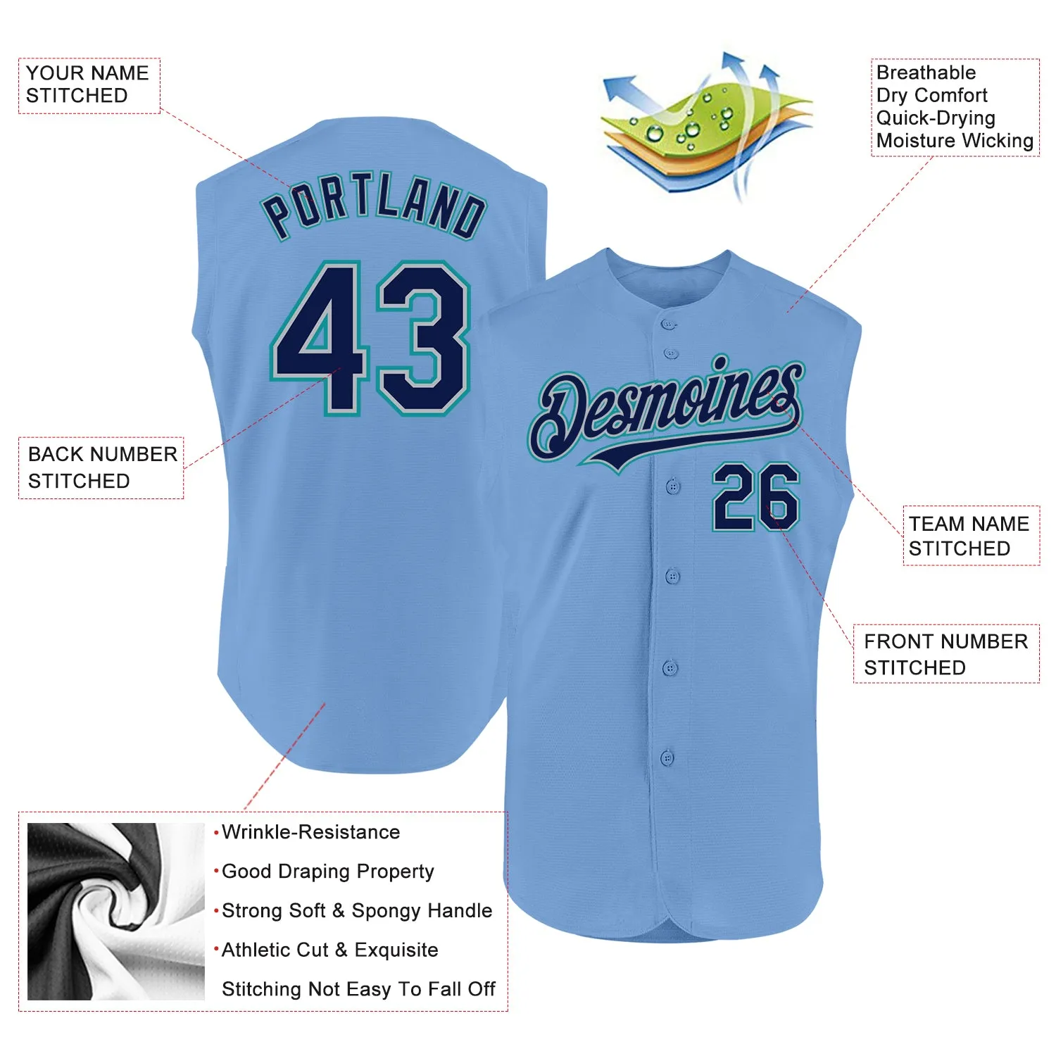 Custom Light Blue Navy Gray-Teal Authentic Sleeveless Baseball Jersey