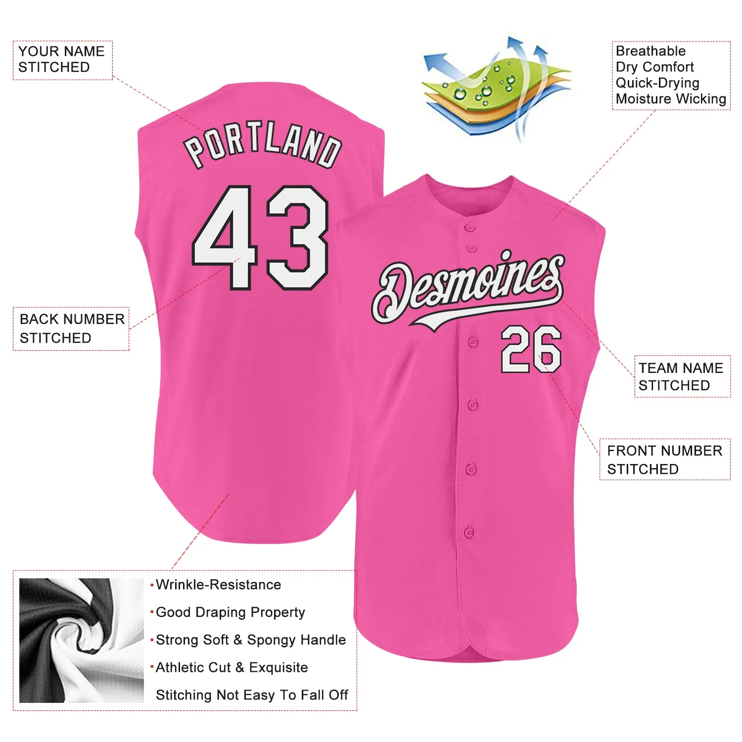 Custom Pink White-Black Authentic Sleeveless Baseball Jersey