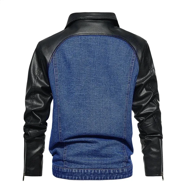 Denim Patchwork PU Leather Jacket