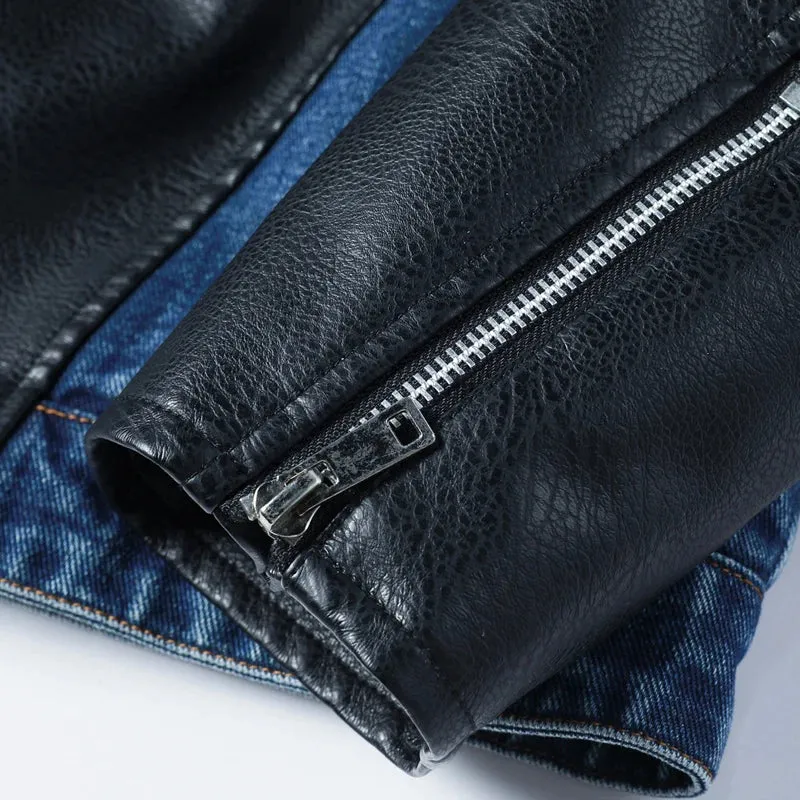 Denim Patchwork PU Leather Jacket