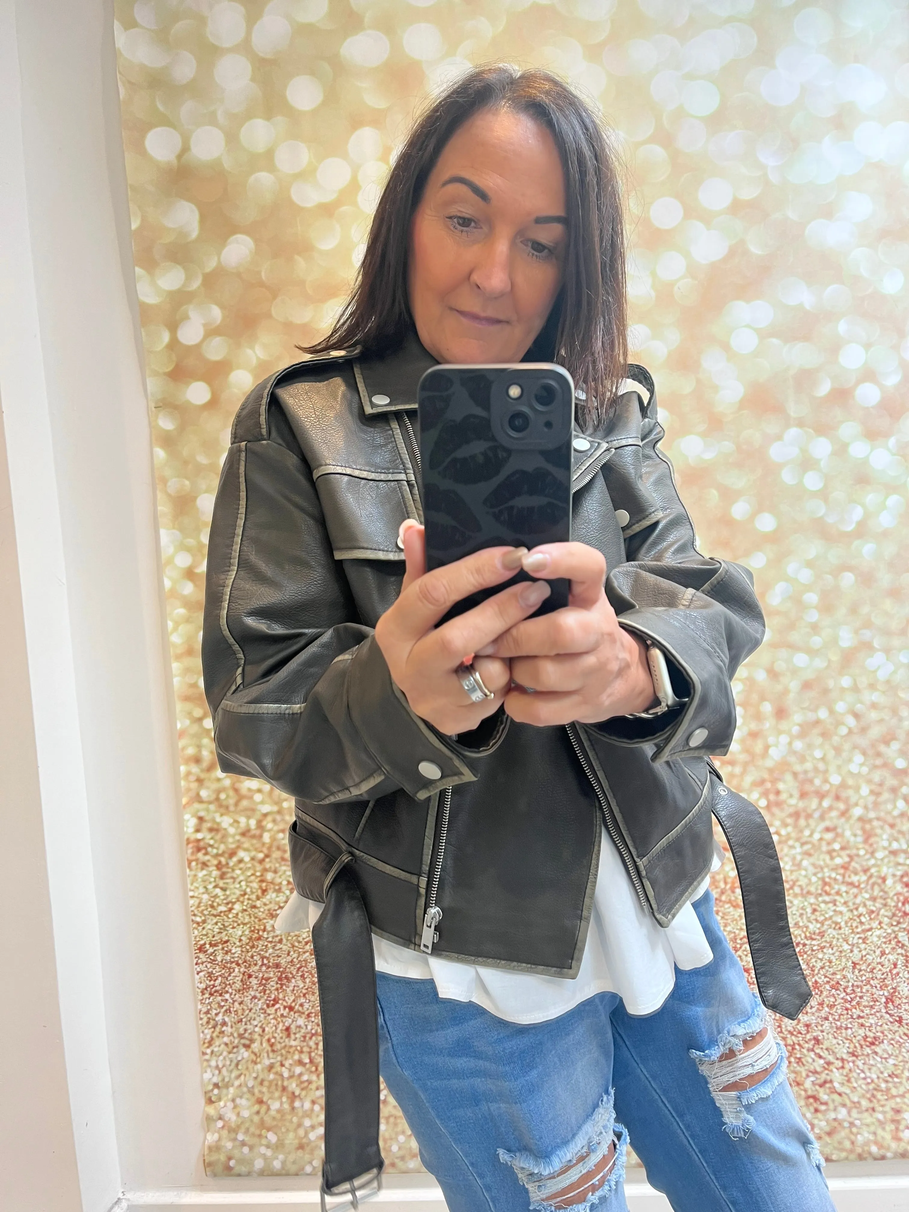 Distressed Faux Biker Jacket