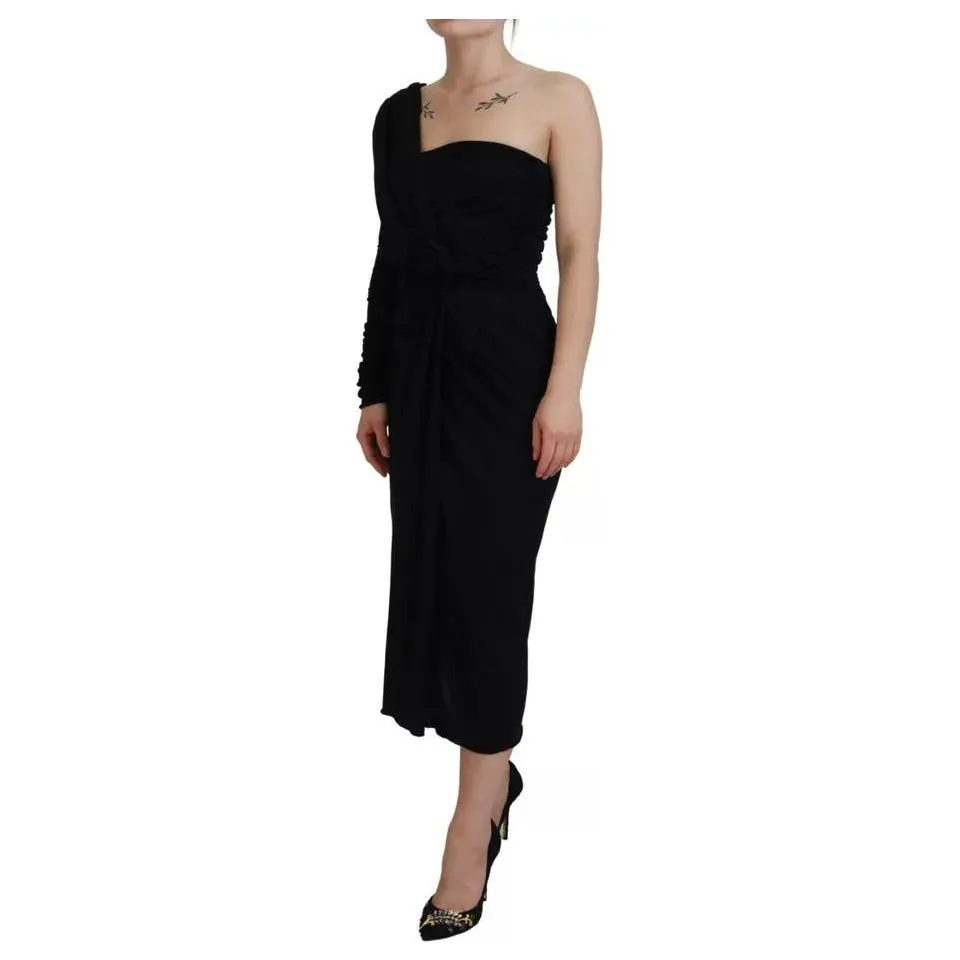 Dolce & Gabbana Black Wrap Sheath One Shoulder Wool Dress